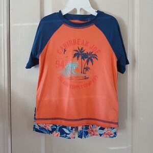 Caribbean Joe Blue/Orange Tropical Swim Set Rash Guard Shirt Swim Trunks Boys 4